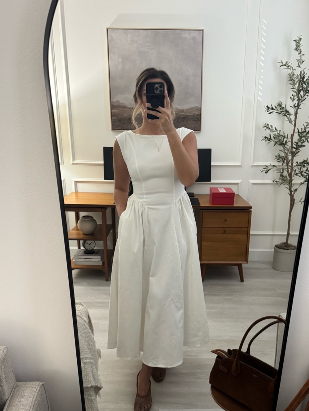 Express White Midi Denim Dress with Pockets